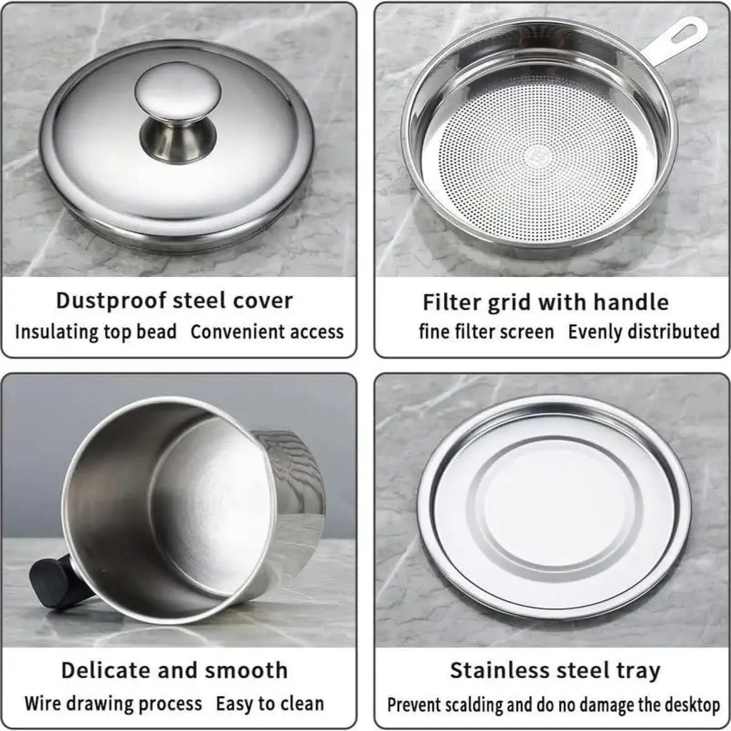 1 Count Modern Kitchen Oil Dispenser with Tray & Lid,Stainless Steel Oil Pot with Filter,Bacon Grease Container, Cooking Oil Can, Kitchenware, Utensils, Kitchen Gadgets